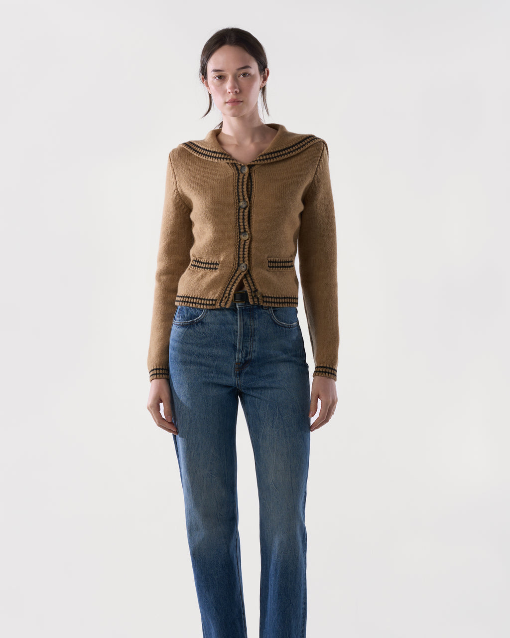 Sailor-collar cardigan in Brown Sugar lambswool, worn, front view, alternate angle