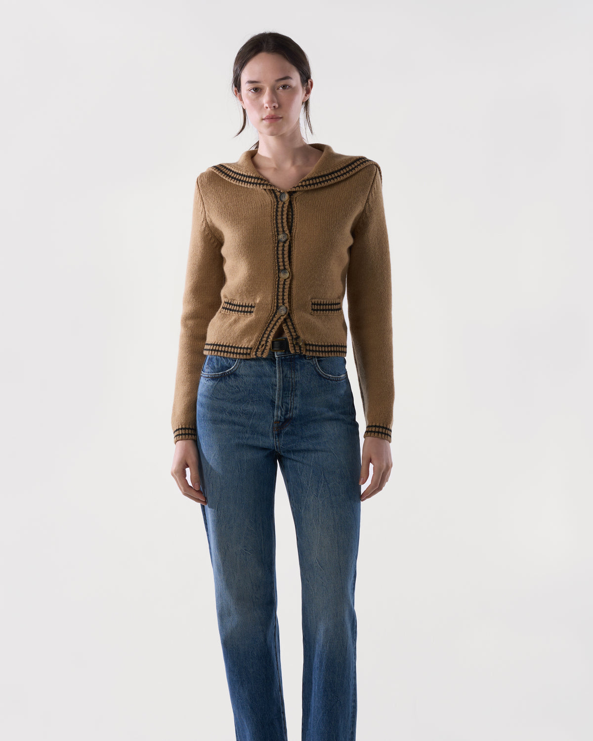 Sailor-collar cardigan in Brown Sugar lambswool, worn, front view, alternate angle