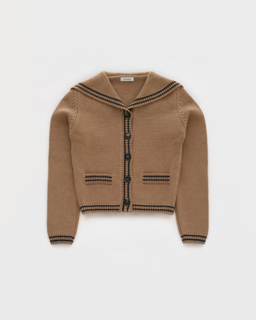 Sailor-collar cardigan in Brown Sugar lambswool, flatlay
