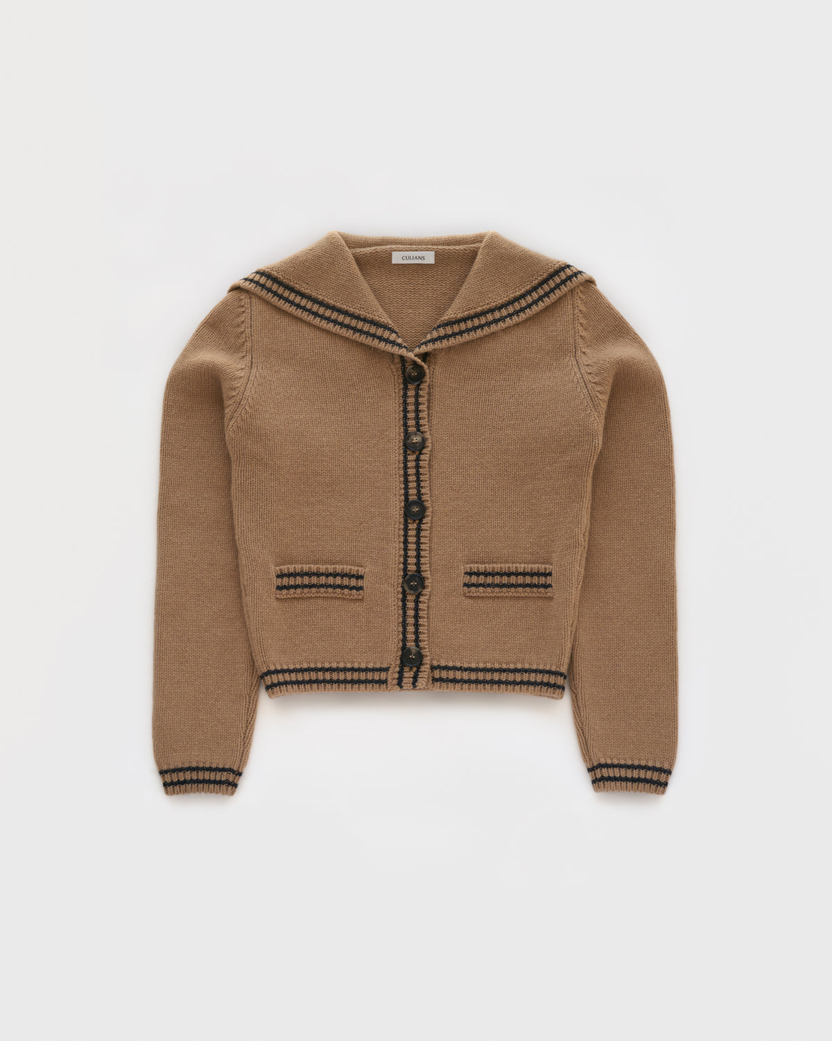 Sailor-collar cardigan in Brown Sugar lambswool, flatlay