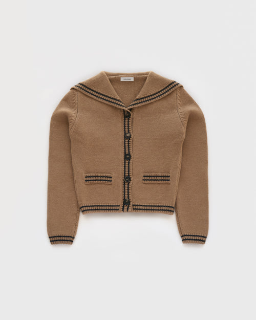 Sailor-collar cardigan in Brown Sugar lambswool, flatlay