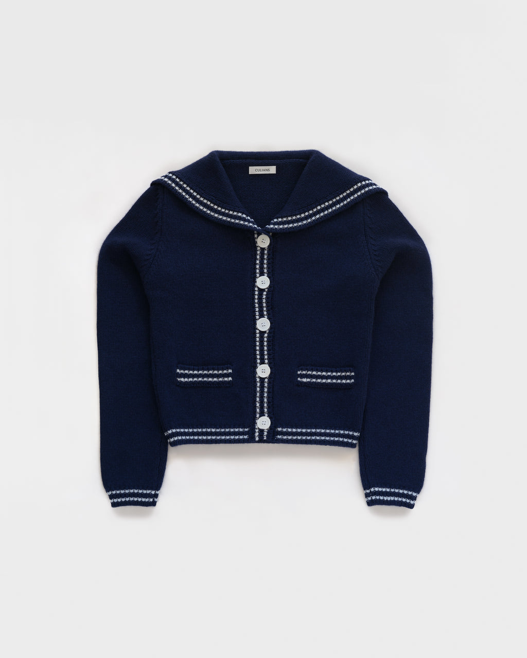 Sailor-collar cardigan in British Blue lambswool, flatlay