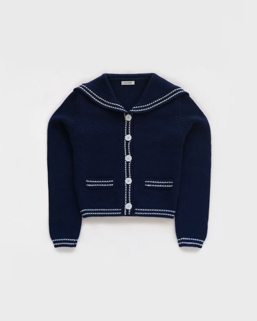 Sailor-collar cardigan in British Blue lambswool, flatlay