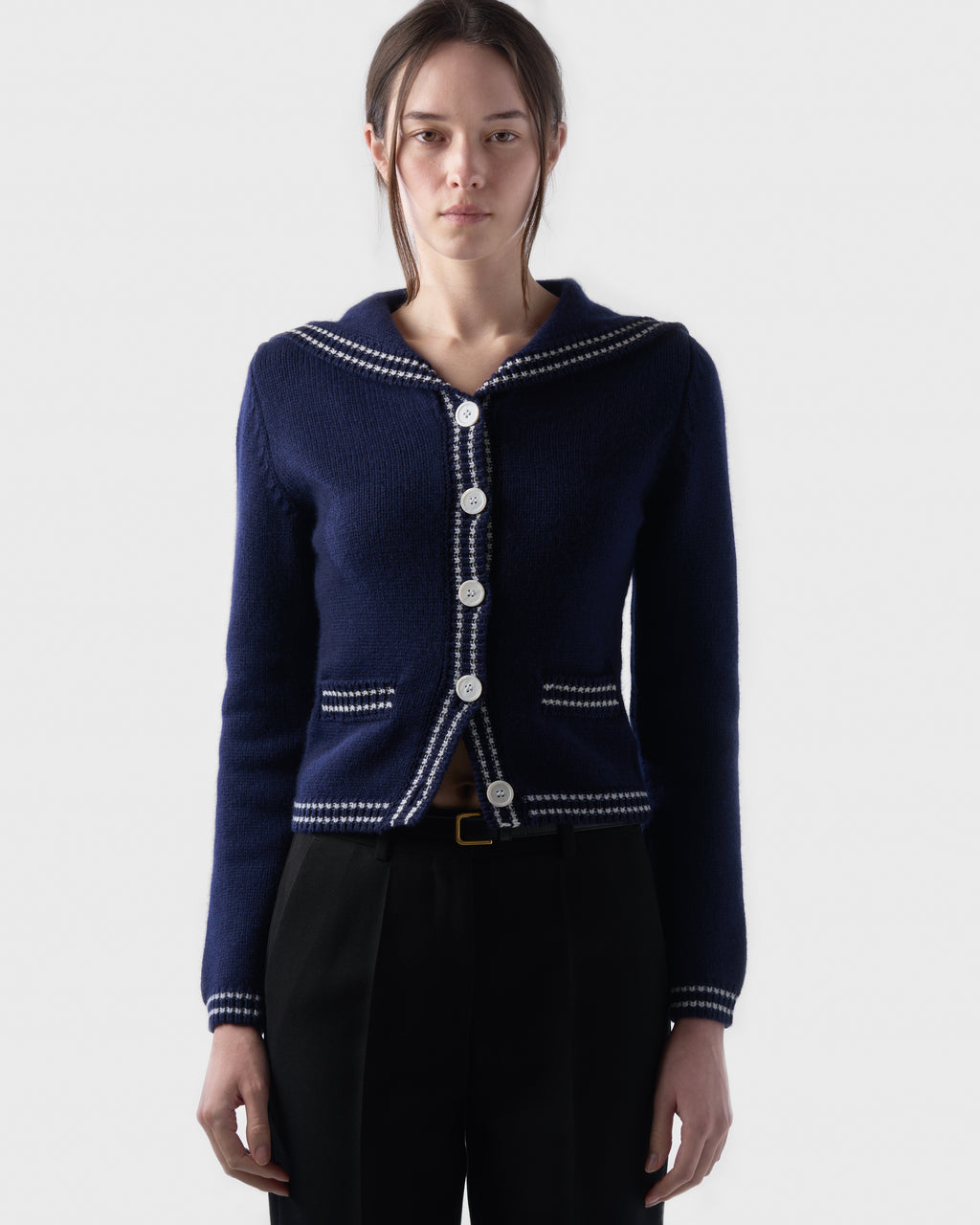 Sailor-collar cardigan in British Blue lambswool, worn, front view