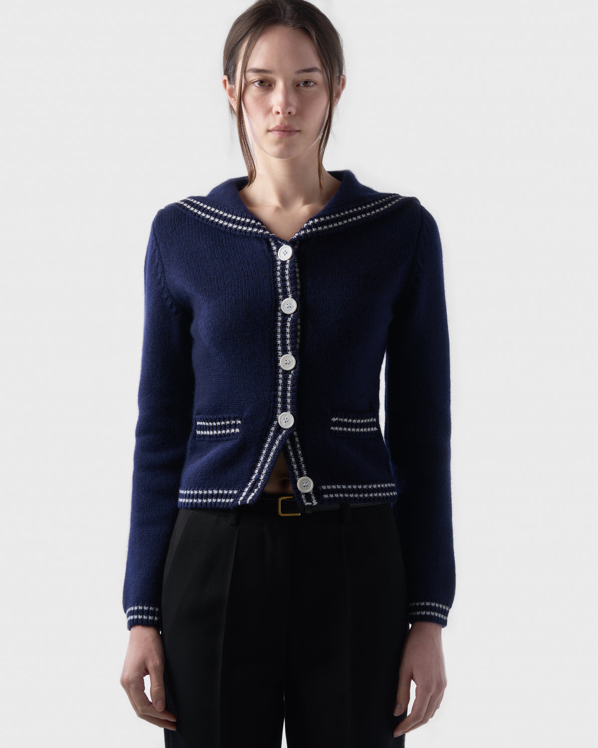 Sailor-collar cardigan in British Blue lambswool, worn, front view