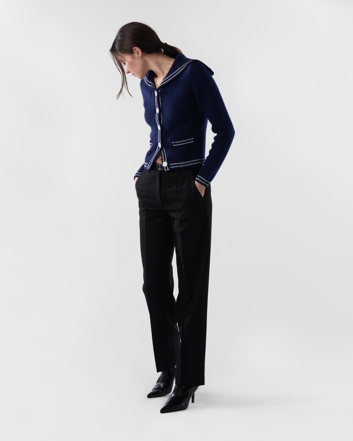 Sailor-collar cardigan in British Blue lambswool, worn, front view, alternate angle