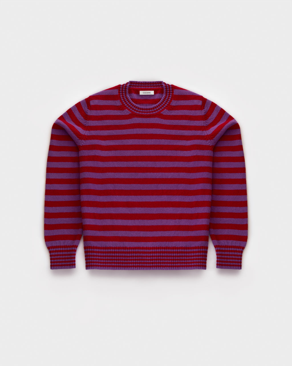 Striped crewneck in Sari Purple and Ruby Red lambswool, flatlay