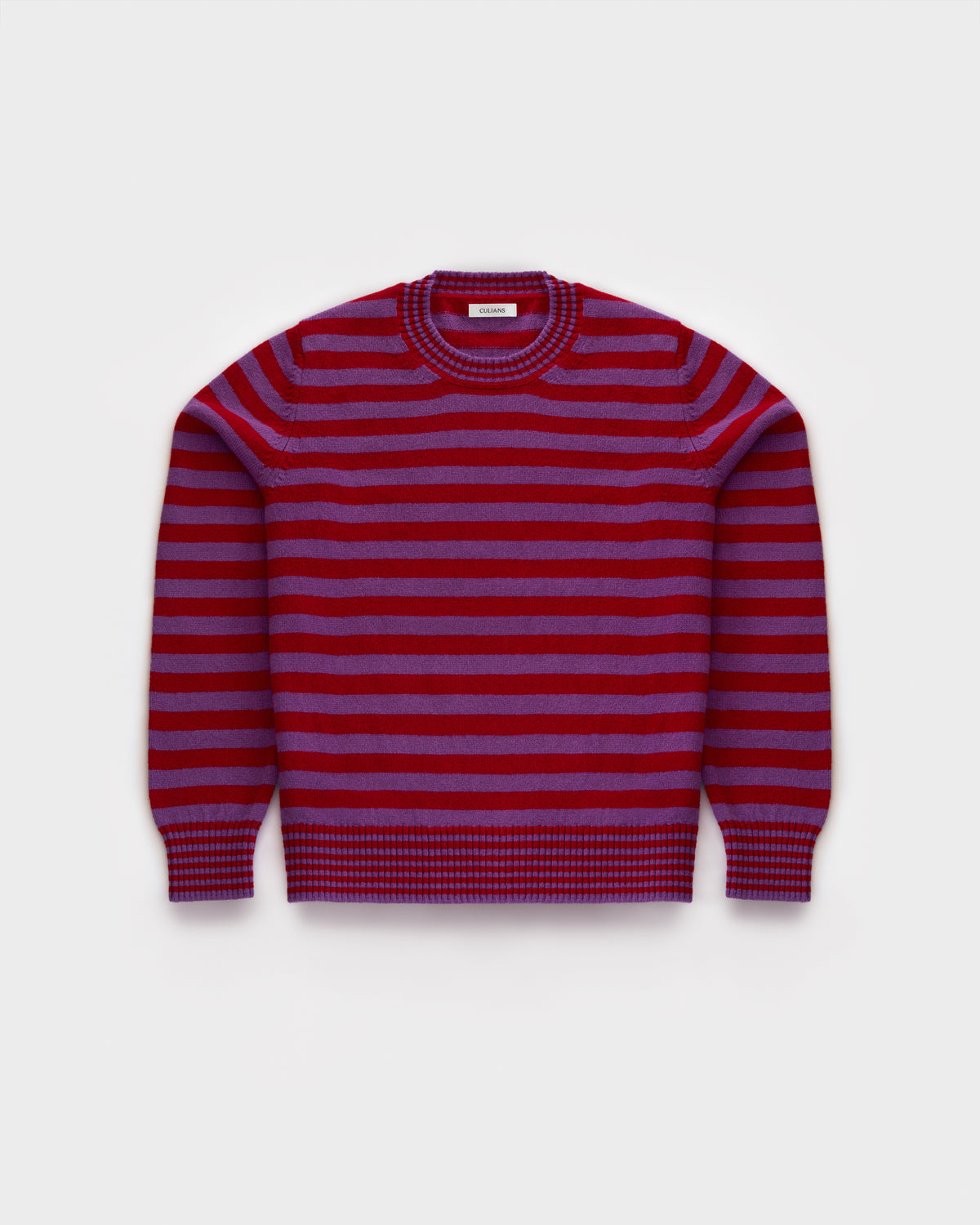 Striped crewneck in Sari Purple and Ruby Red lambswool, flatlay