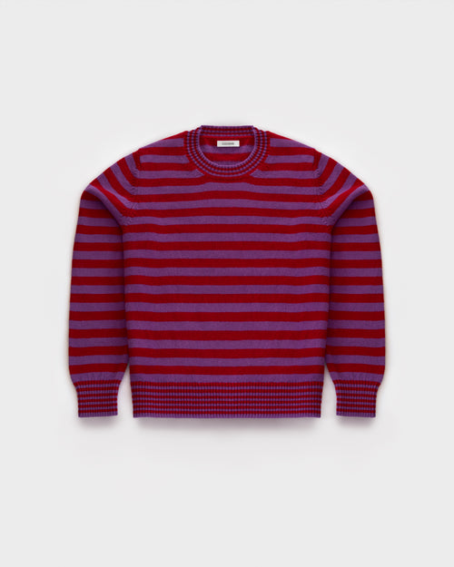 Striped crewneck in Sari Purple and Ruby Red lambswool, flatlay