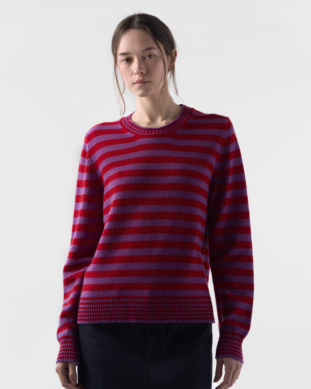 Striped crewneck in Sari Purple and Ruby Red lambswool, worn, front view