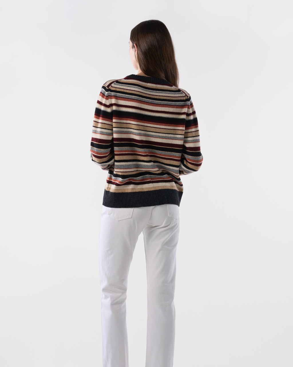 Multi-stripe crewneck in Sandstorm lambswool, worn, back view, alternate angle