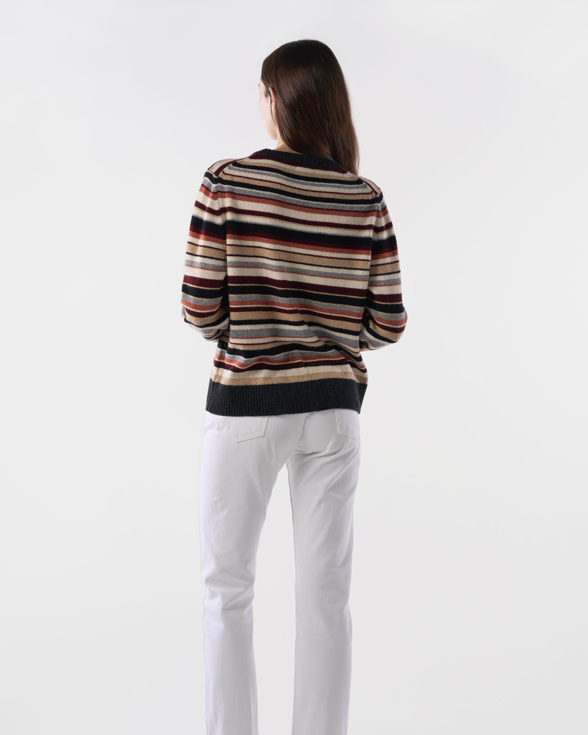 Multi-stripe crewneck in Sandstorm lambswool, worn, back view, alternate angle