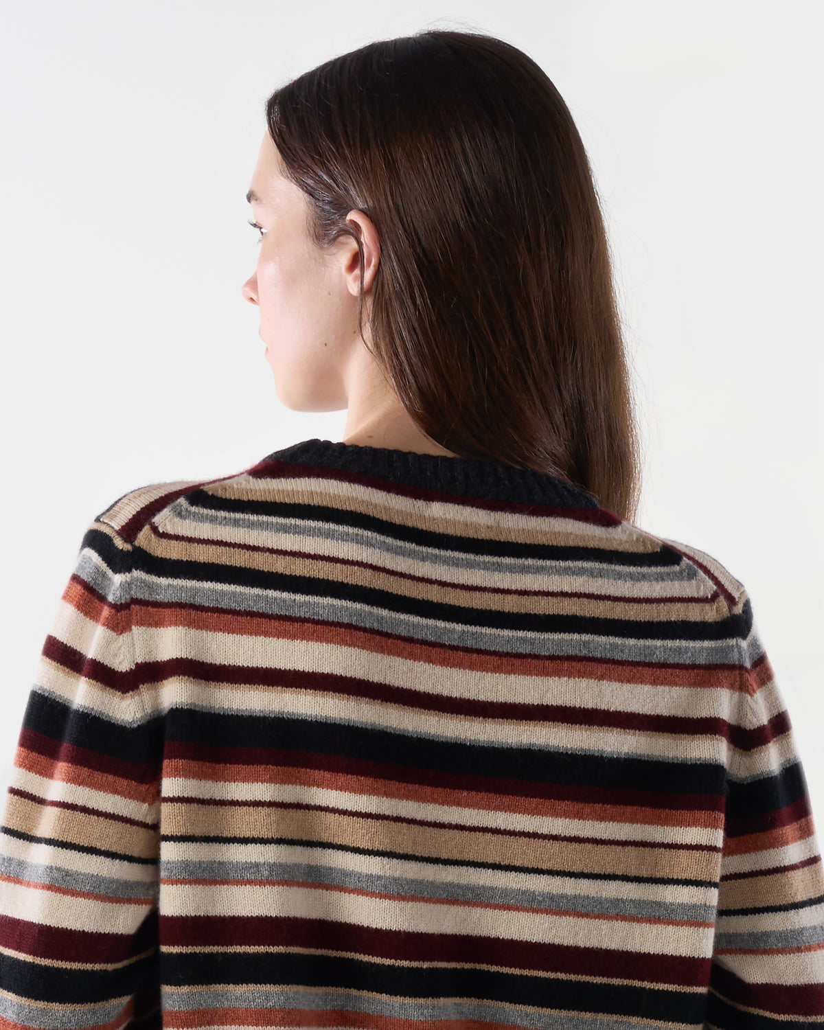 Multi-stripe crewneck in Sandstorm lambswool, worn, back view