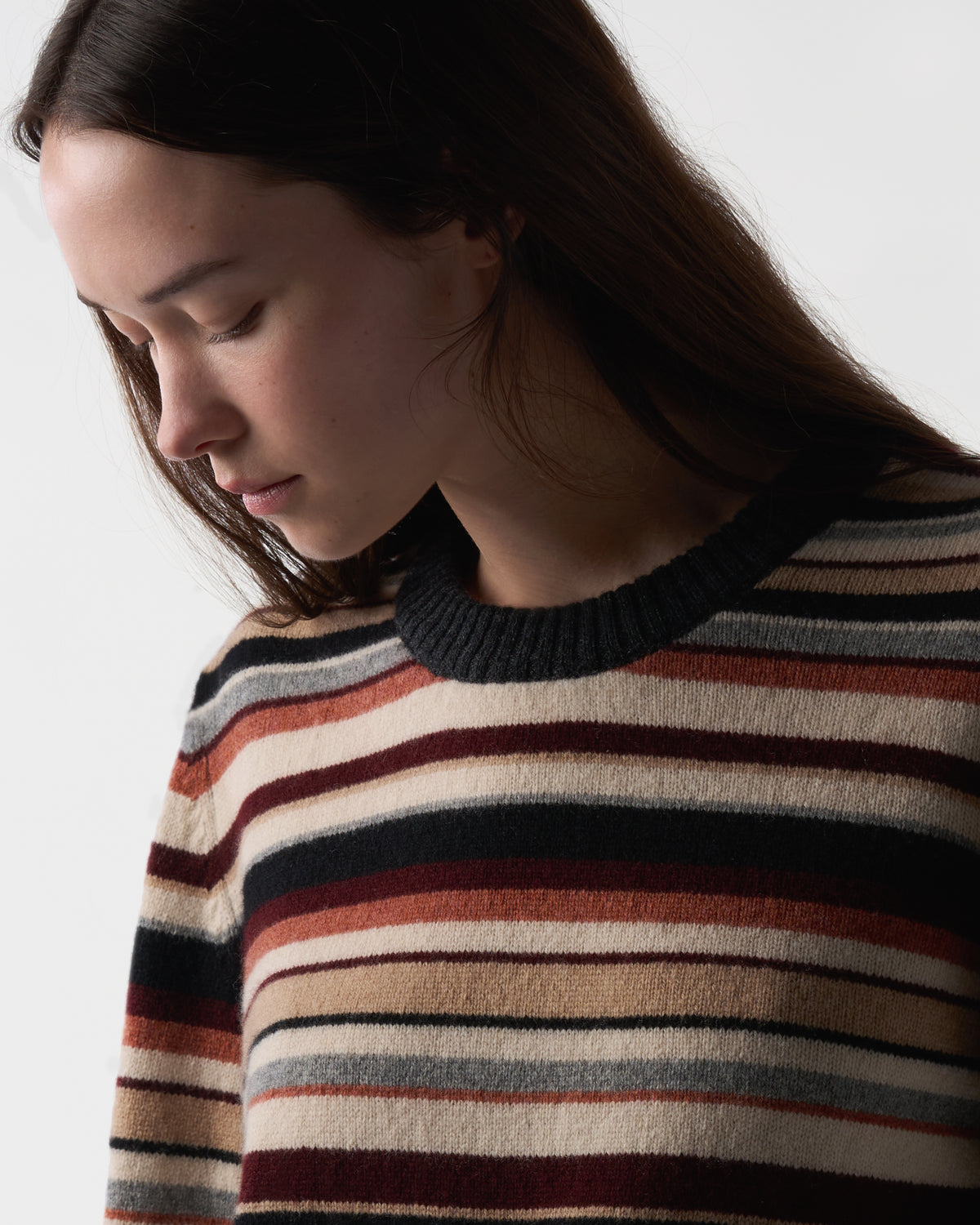 Multi-stripe crewneck in Sandstorm lambswool, knit detail