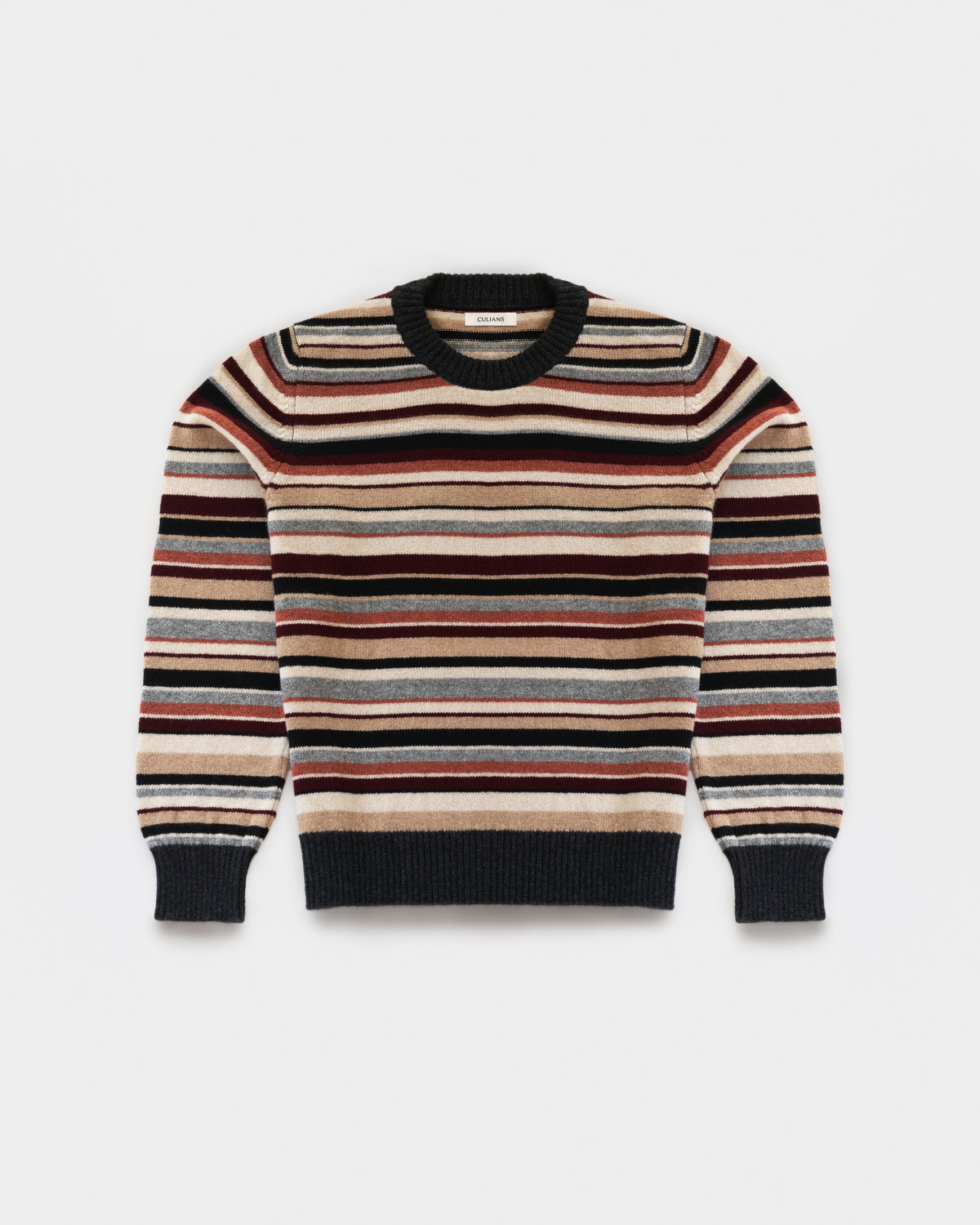 Multi-stripe crewneck in Sandstorm lambswool, flat, front view