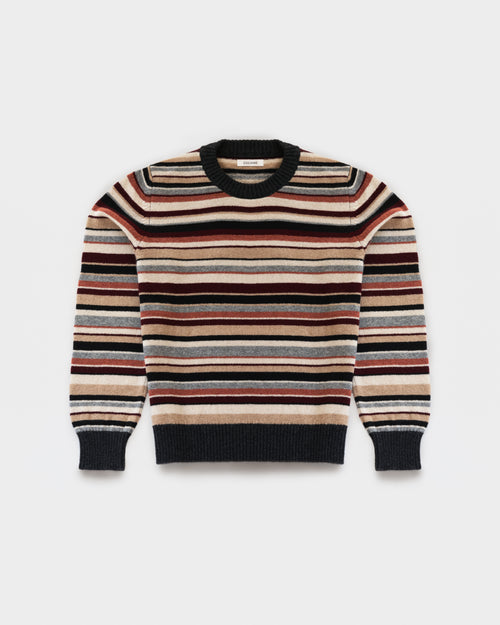 Multi-stripe crewneck in Sandstorm lambswool, flat, front view