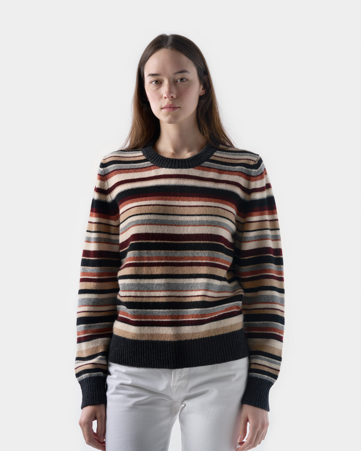 Multi-stripe crewneck in Sandstorm lambswool, worn, front view