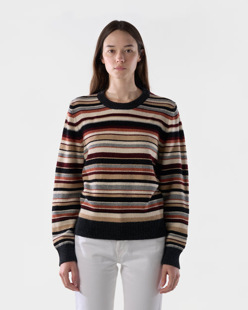 Multi-stripe crewneck in Sandstorm lambswool, worn, front view