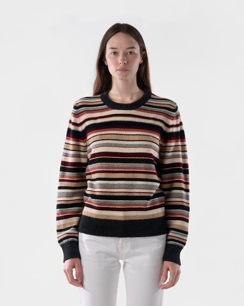 Multi-stripe crewneck in Sandstorm lambswool, worn, front view